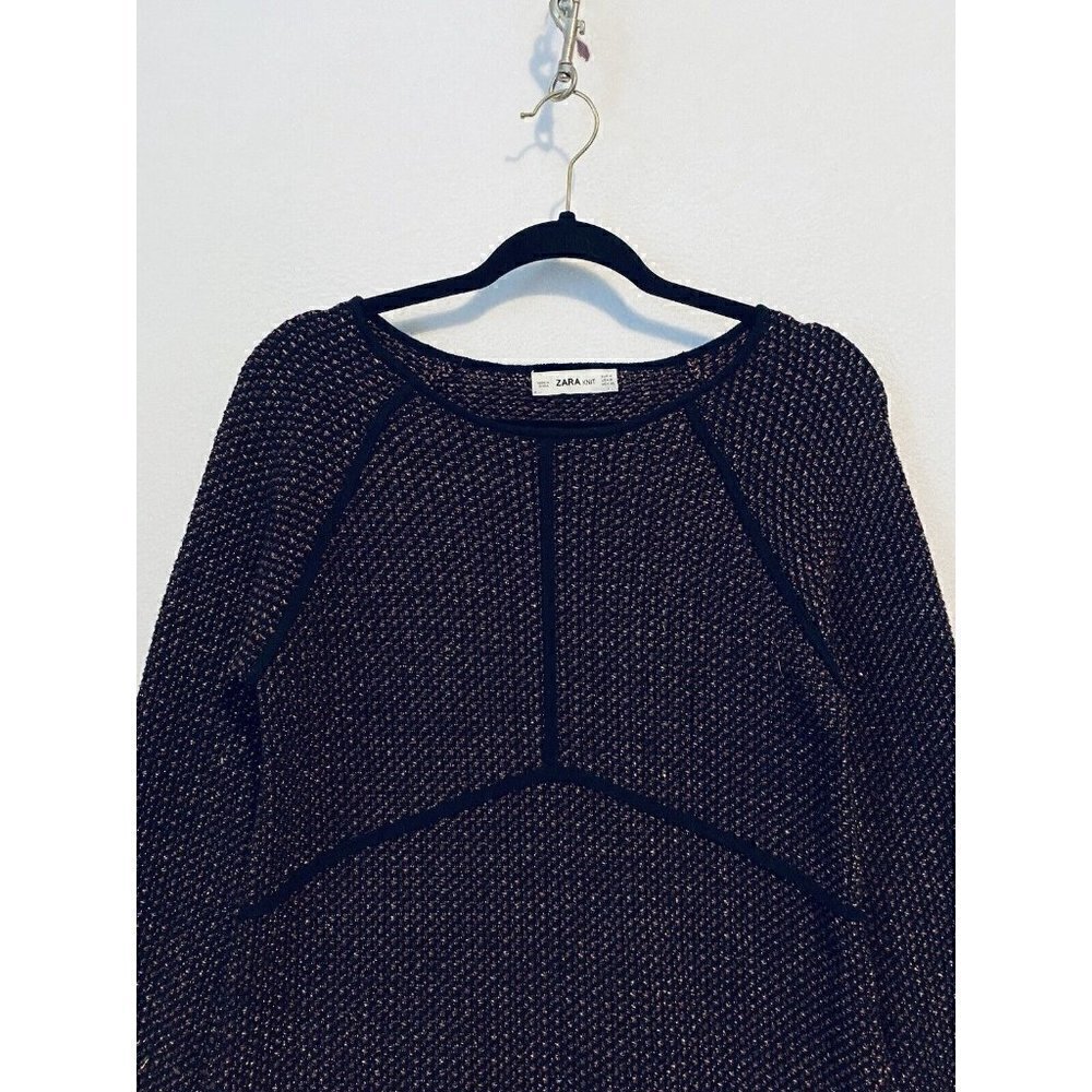 Zara Knit Sweater Dress Womens Medium Metallic Copper Knit Black Tweed Boho - Picture 3 of 5